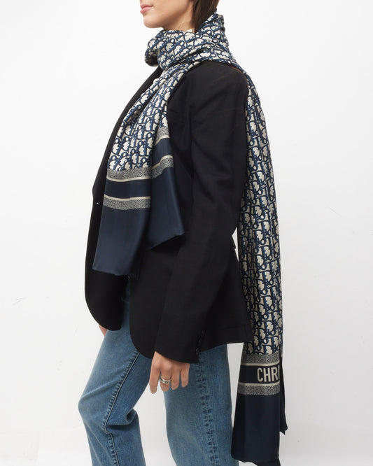 Dior Navy Blue Blue Silk Twill Dior Oblique Stole Scarf