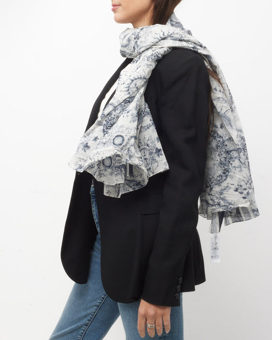 Dior Navy and White Toile De Jouy Soleil Cotton Scarf Shawl