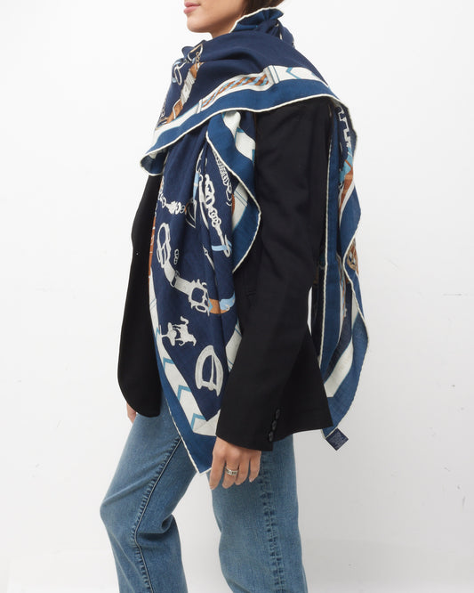 Hermès Navy Multi Cashmere and Silk Les Chevaux Dechaines 140 Scarf Shawl