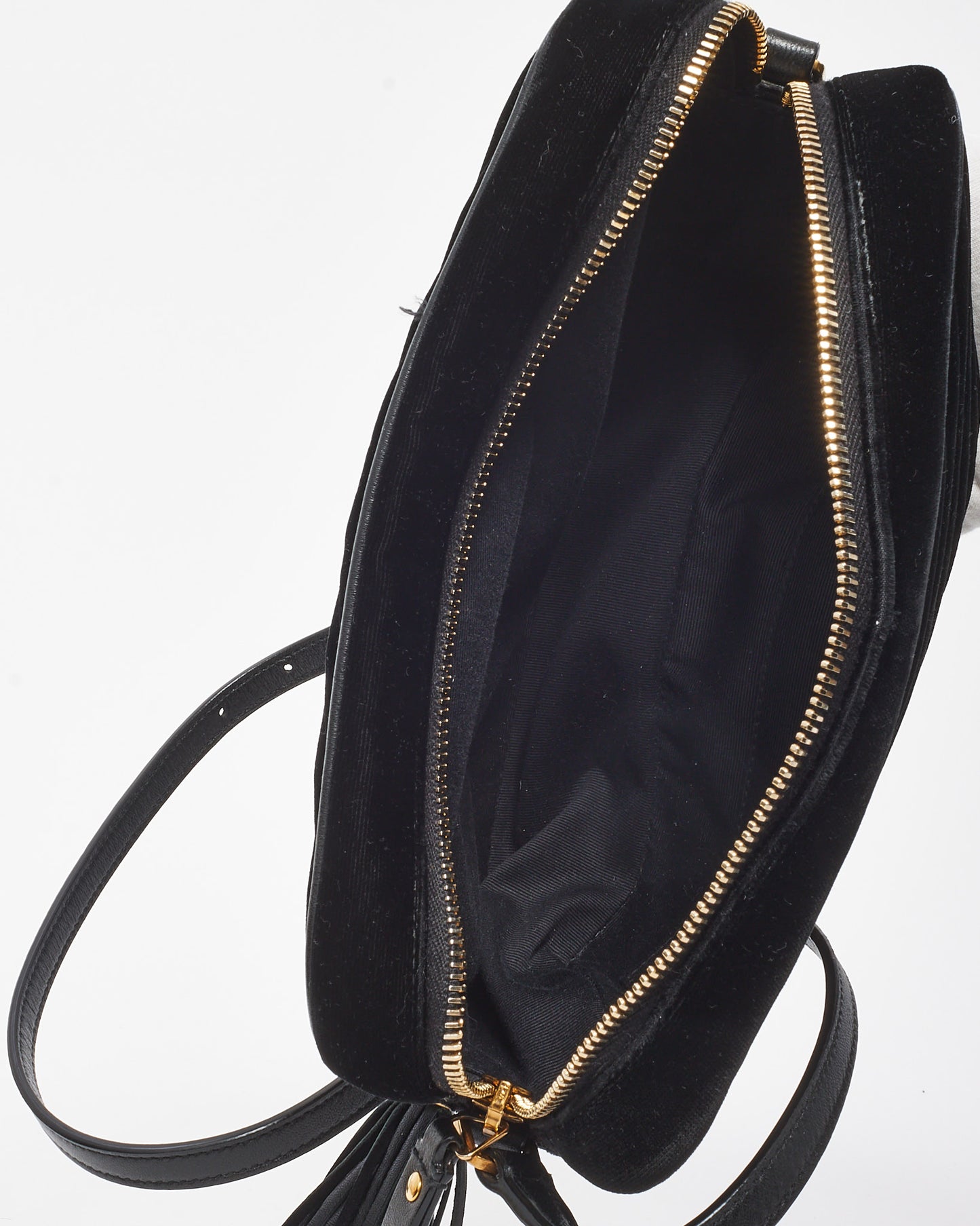 Saint Laurent Black Chevron Velvet YSL Lou Tassel Camera Crossbody Bag