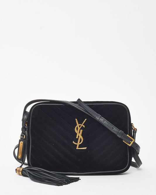 Saint Laurent Black Chevron Velvet YSL Lou Tassel Camera Crossbody Bag