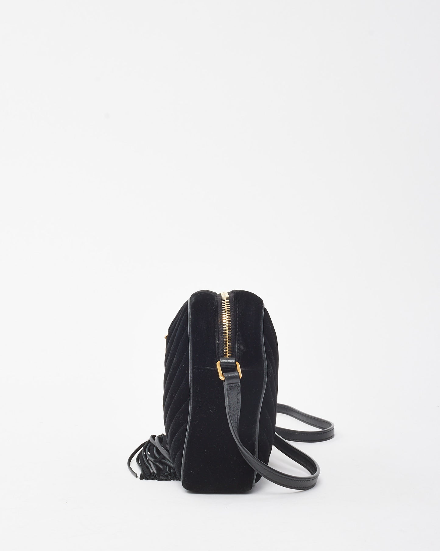 Saint Laurent Black Chevron Velvet YSL Lou Tassel Camera Crossbody Bag