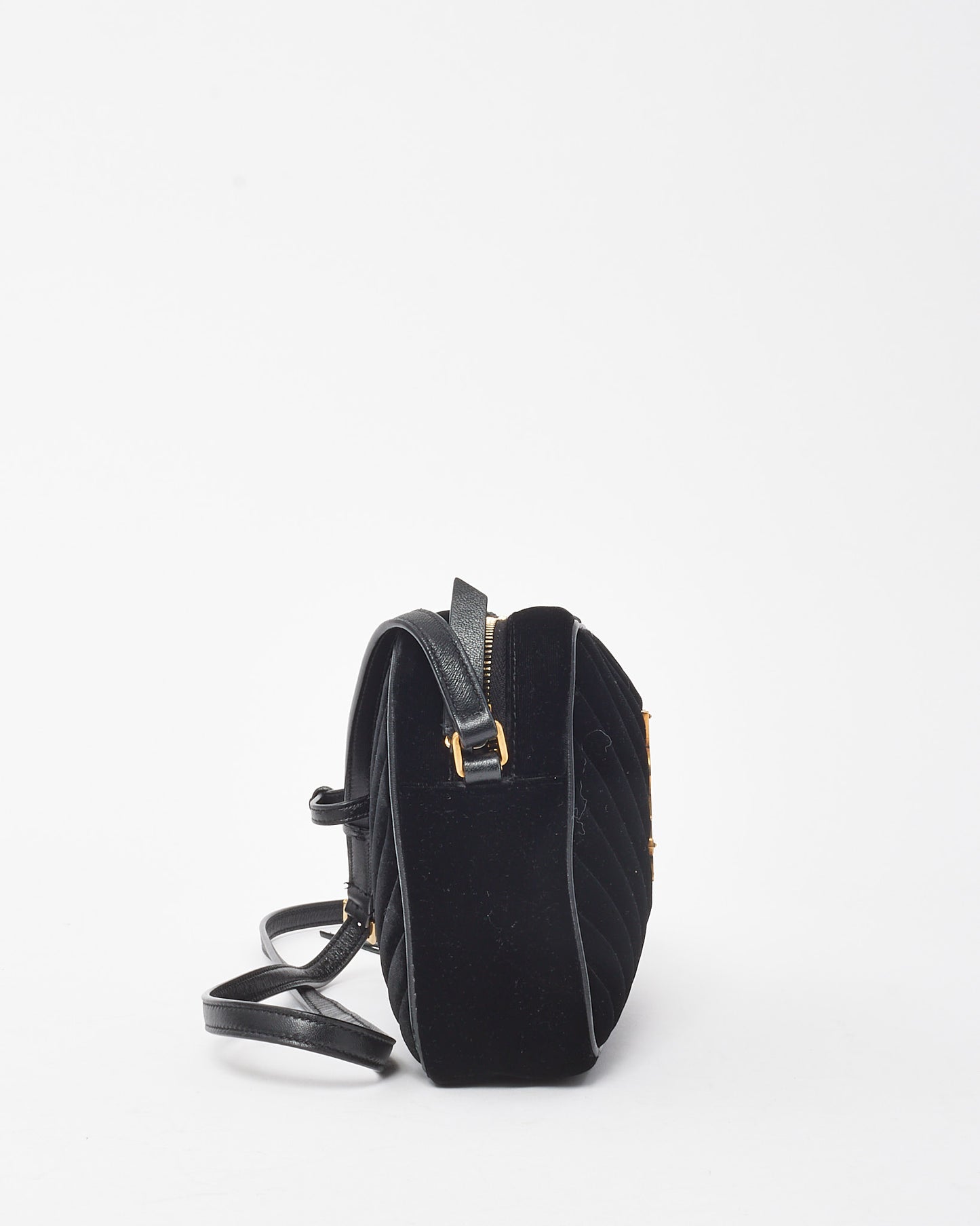 Saint Laurent Black Chevron Velvet YSL Lou Tassel Camera Crossbody Bag