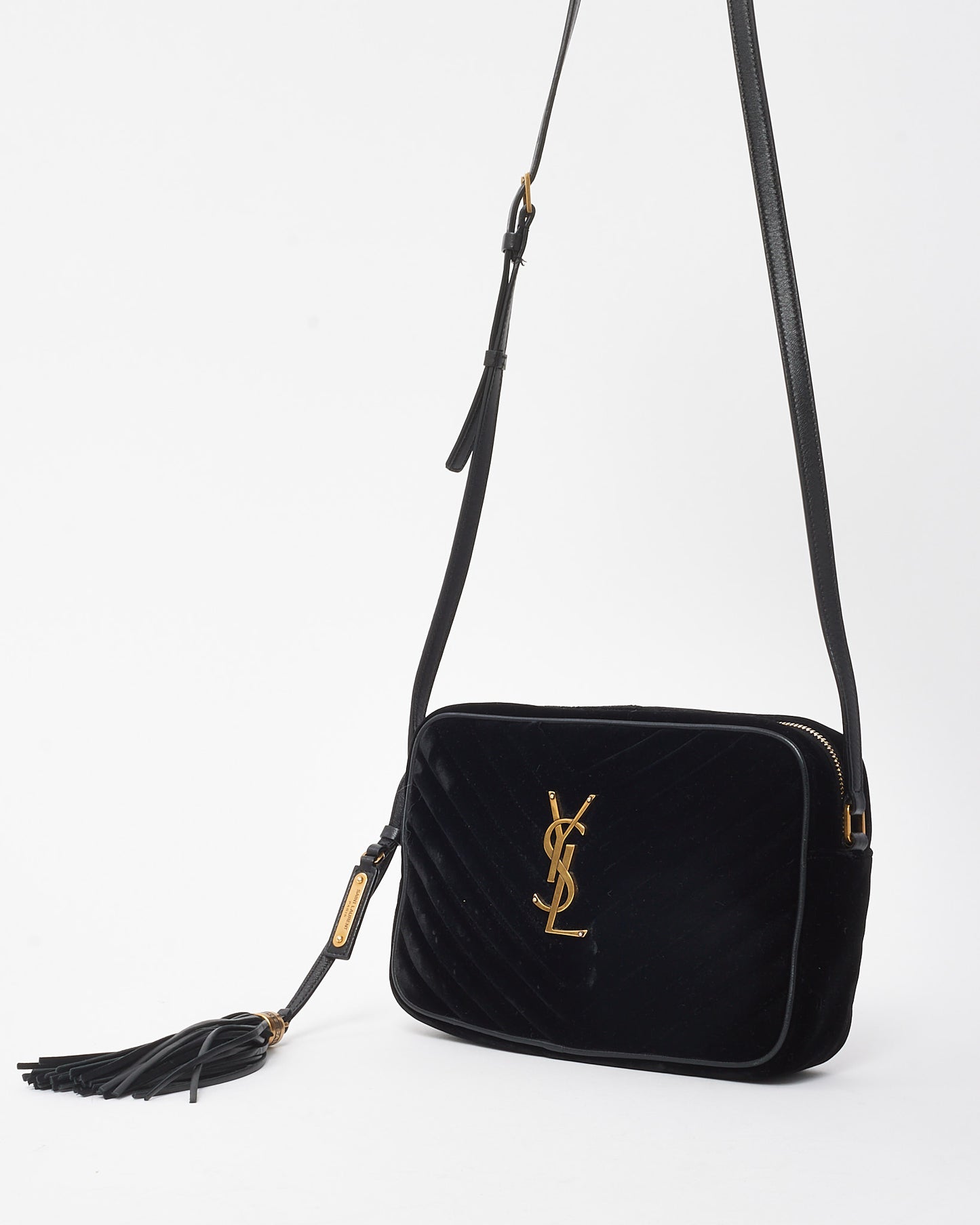 Saint Laurent Black Chevron Velvet YSL Lou Tassel Camera Crossbody Bag