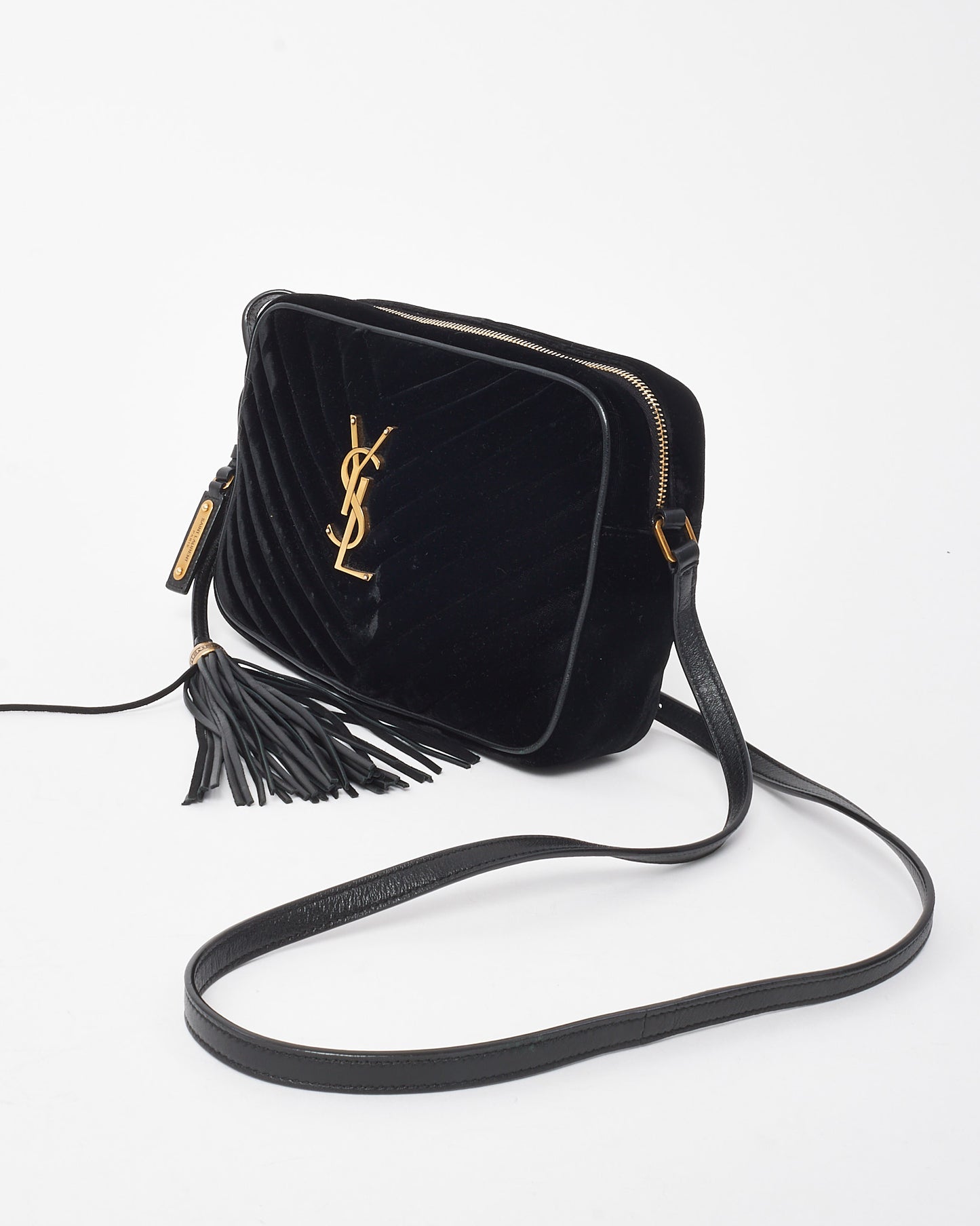 Saint Laurent Black Chevron Velvet YSL Lou Tassel Camera Crossbody Bag