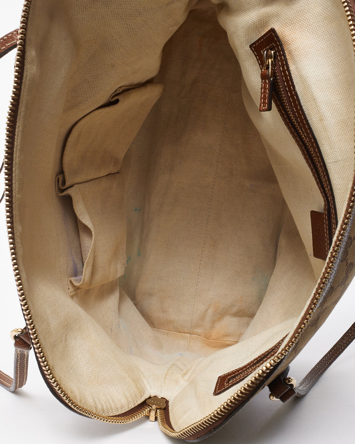 Gucci Tan Leather Beige and Ebony GG Monogram Canvas Medium Bree Shoulder Bag