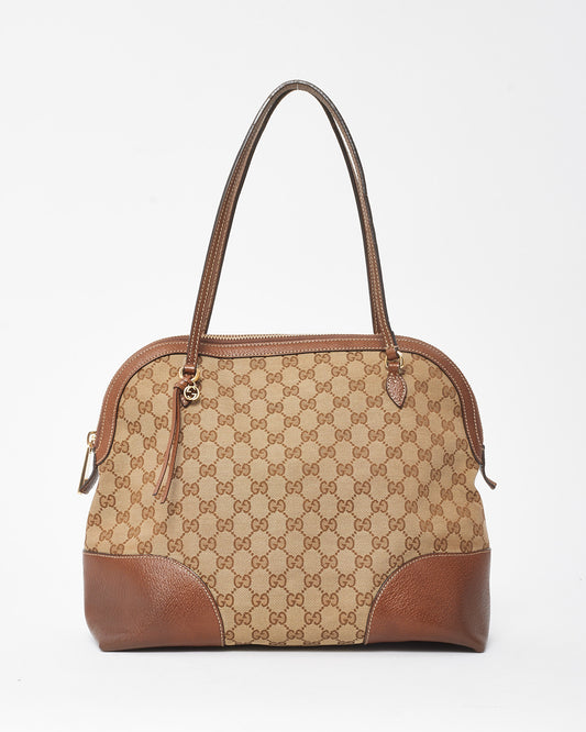 Gucci Tan Leather Beige and Ebony GG Monogram Canvas Medium Bree Shoulder Bag