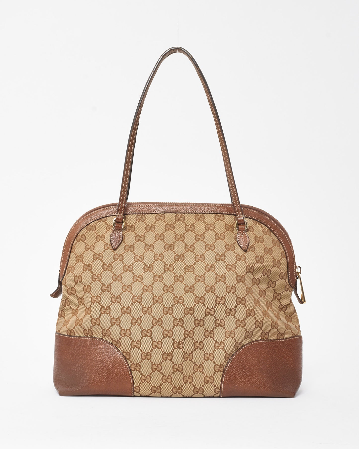 Gucci Tan Leather Beige and Ebony GG Monogram Canvas Medium Bree Shoulder Bag