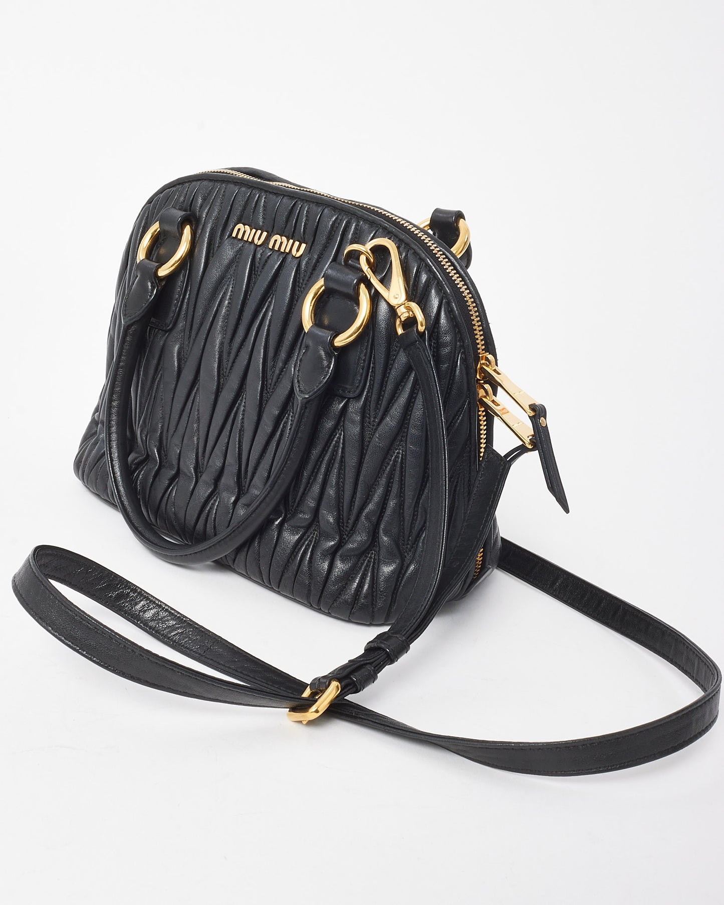 Miu Miu Black Gaufre Leather Top Handle Bowler Bag with Strap