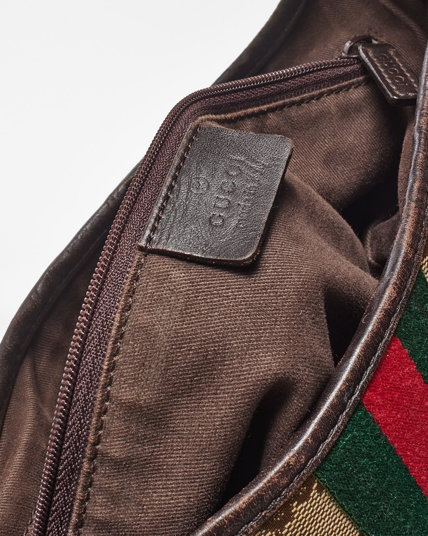 Gucci Vintage Brown Leather and Beige GG Monogram Canvas Web Jackie Shoulder Bag