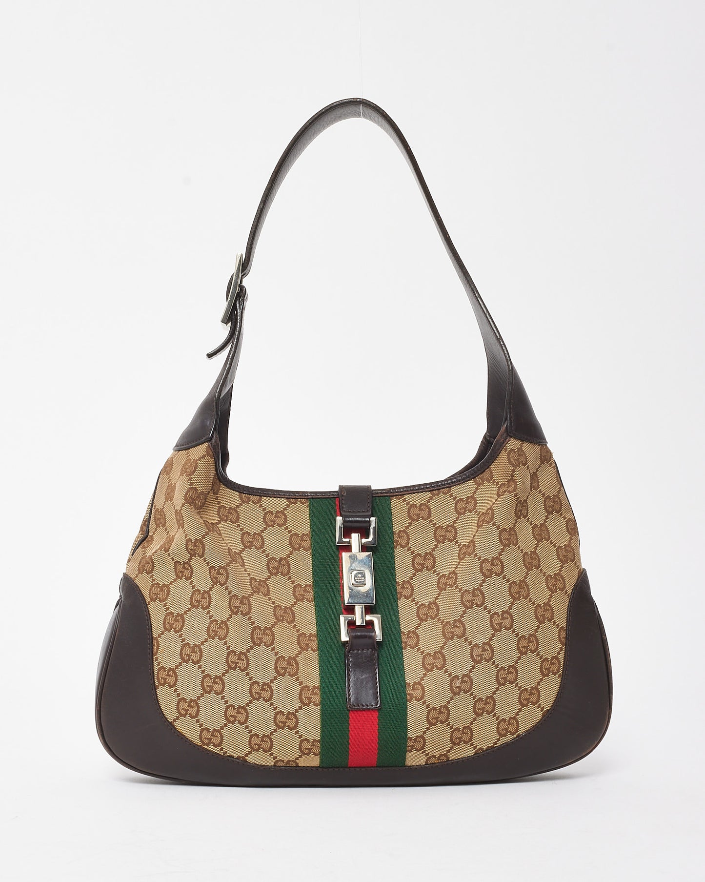 Gucci Vintage Brown Leather and Beige GG Monogram Canvas Web Jackie Shoulder Bag