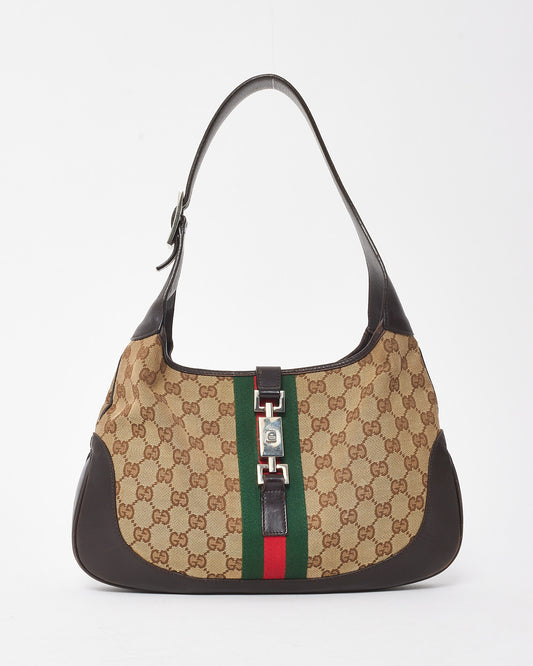 Gucci Vintage Brown Leather and Beige GG Monogram Canvas Web Jackie Shoulder Bag