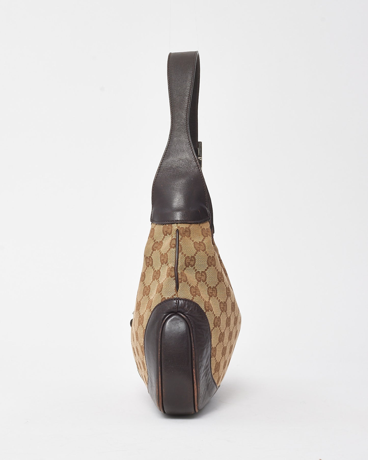 Gucci Vintage Brown Leather and Beige GG Monogram Canvas Web Jackie Shoulder Bag