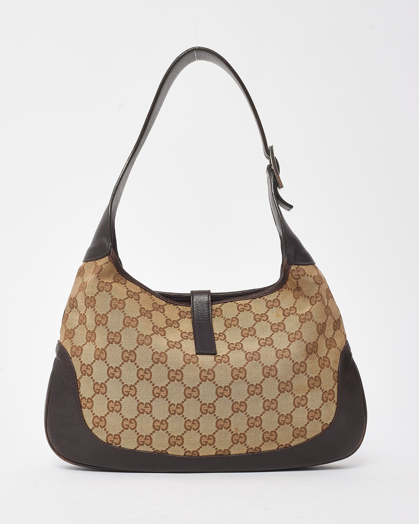 Gucci Vintage Brown Leather and Beige GG Monogram Canvas Web Jackie Shoulder Bag