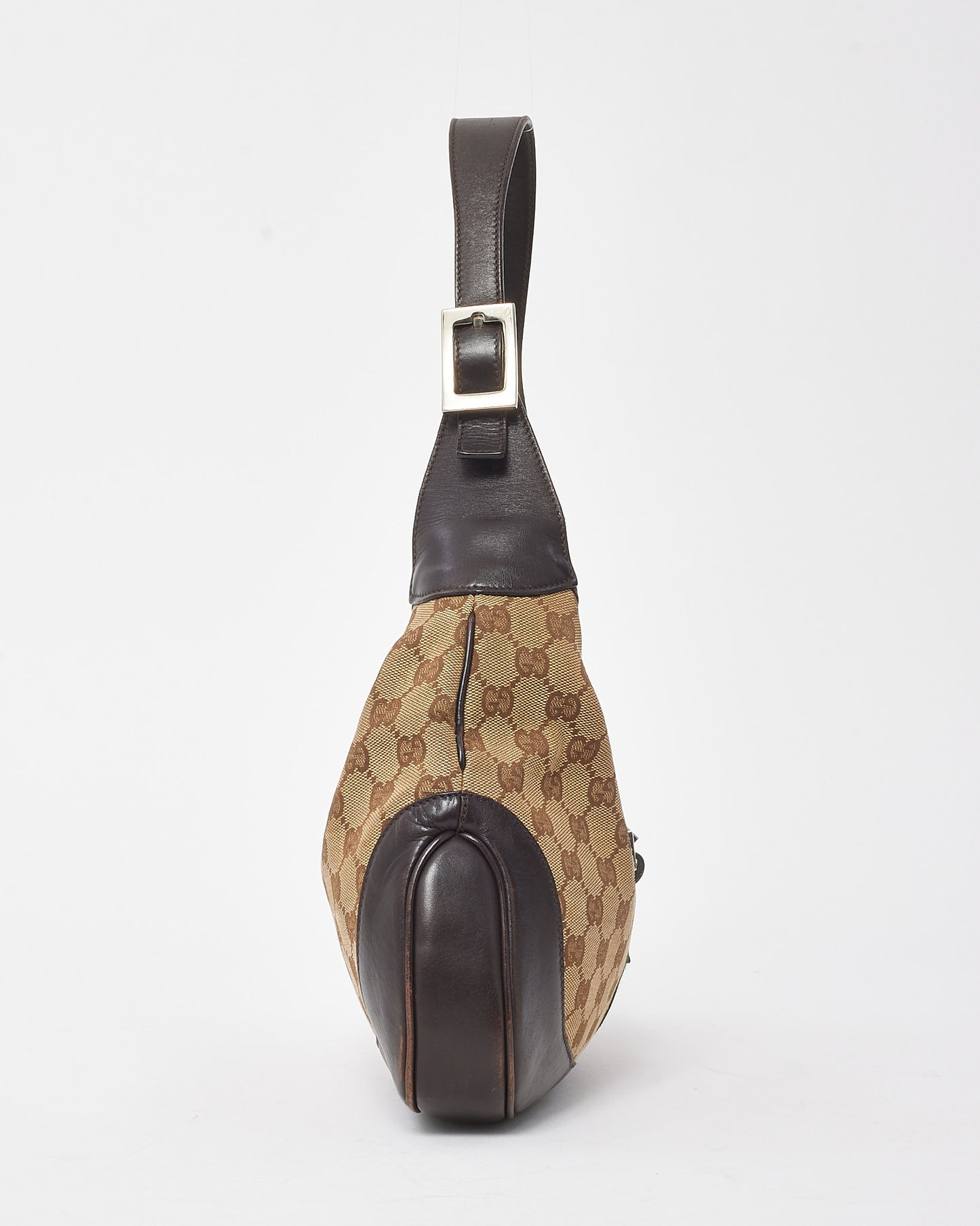 Gucci Vintage Brown Leather and Beige GG Monogram Canvas Web Jackie Shoulder Bag