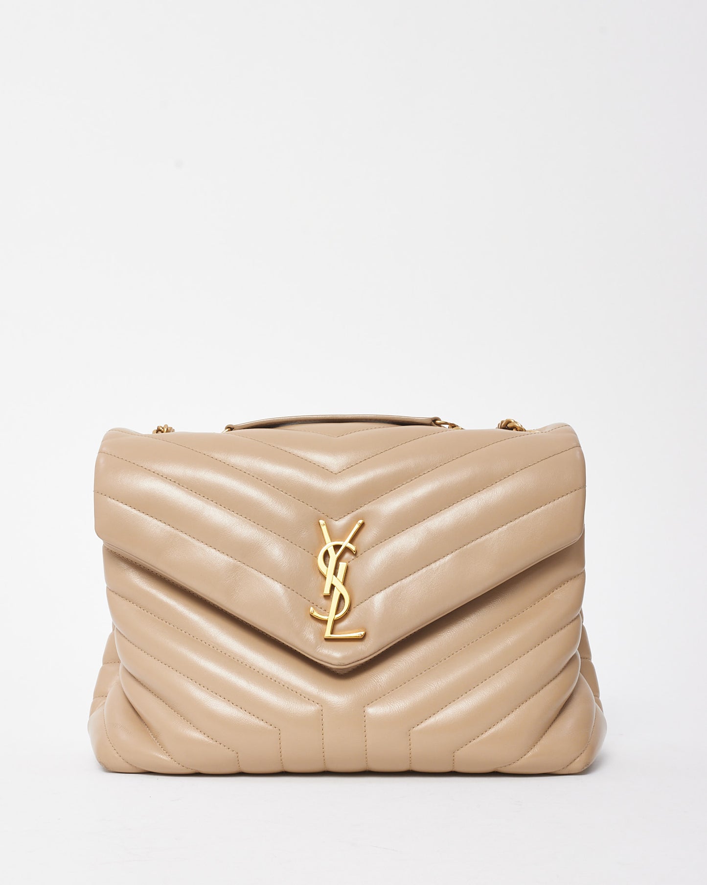Saint Laurent Beige Chevron Leather Medium Loulou Shoulder Bag GHW