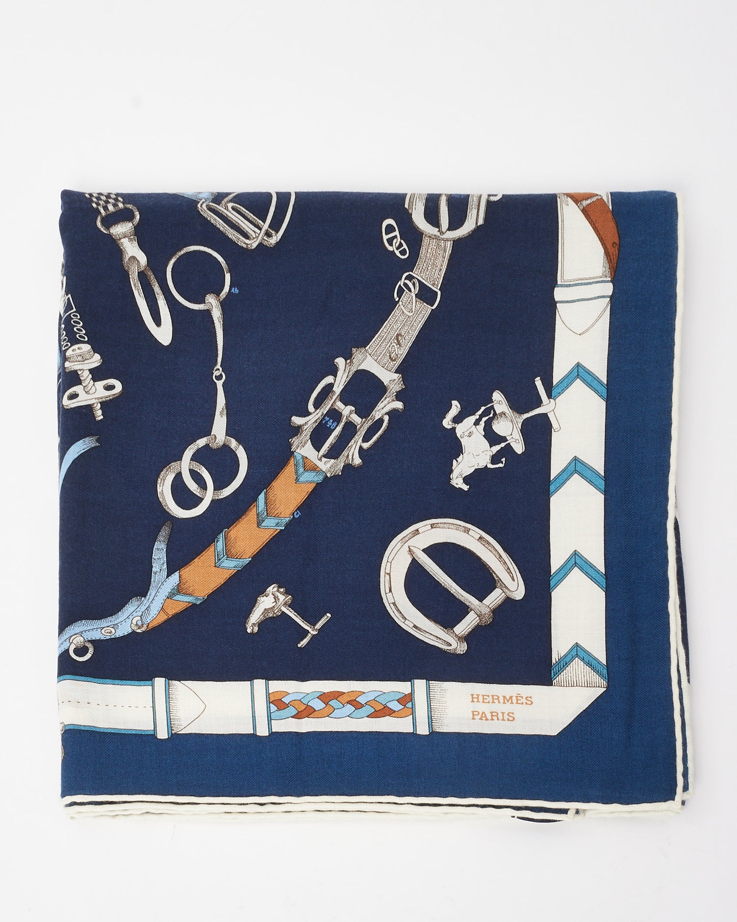 Hermès Navy Multi Cashmere and Silk Les Chevaux Dechaines 140 Scarf Shawl