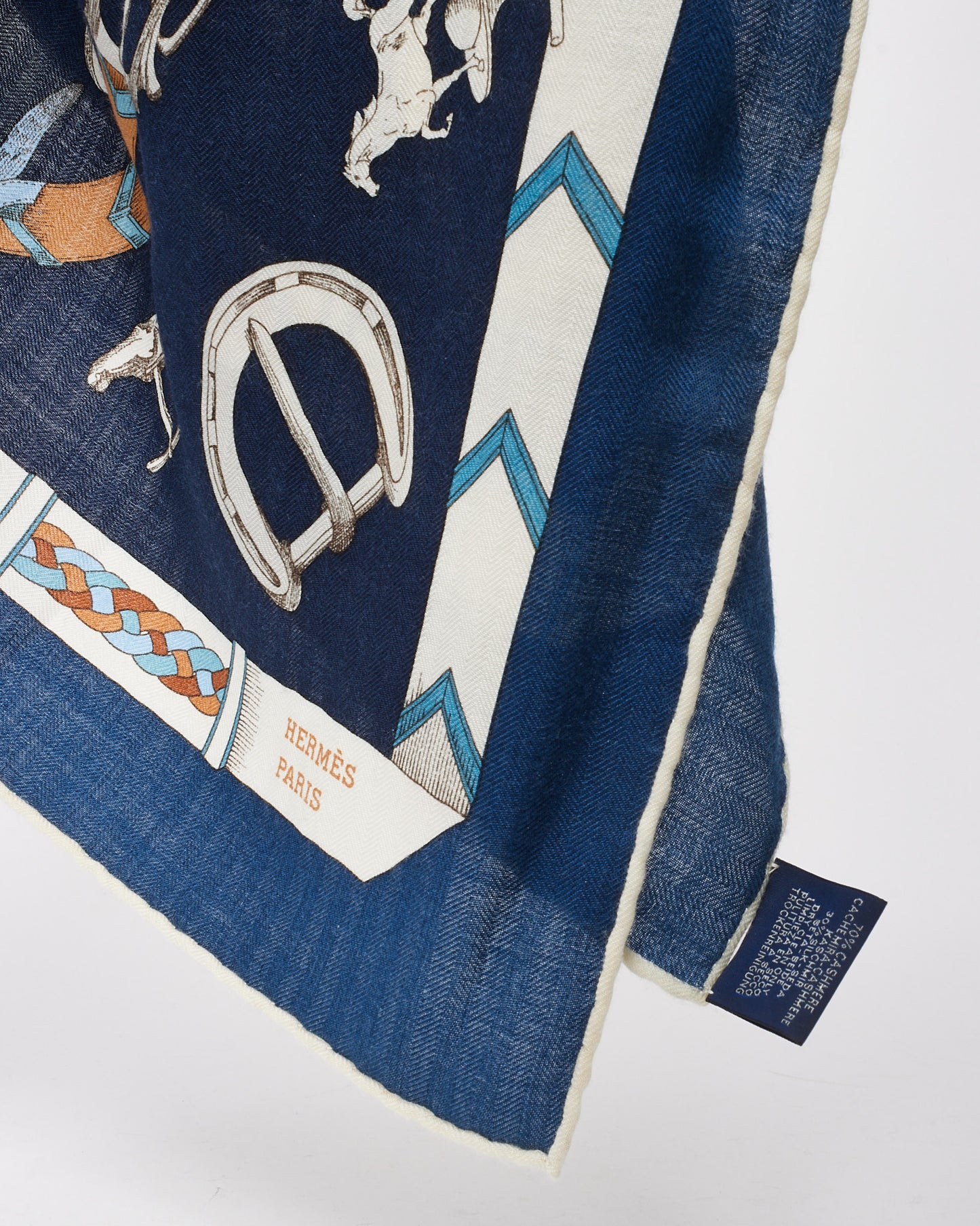 Hermès Navy Multi Cashmere and Silk Les Chevaux Dechaines 140 Scarf Shawl