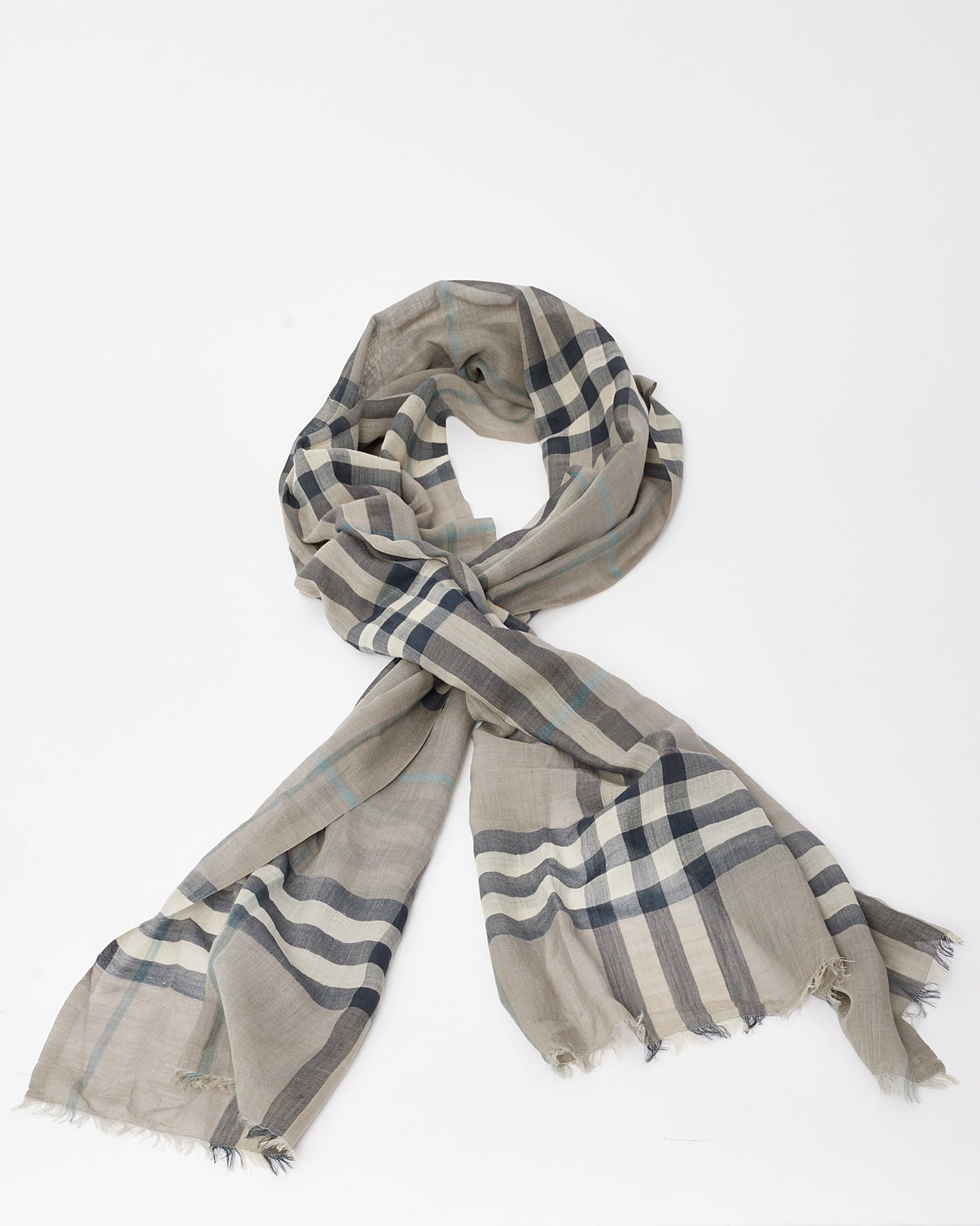 Burberry Grey Check Cotton and Silk Blend Scarf