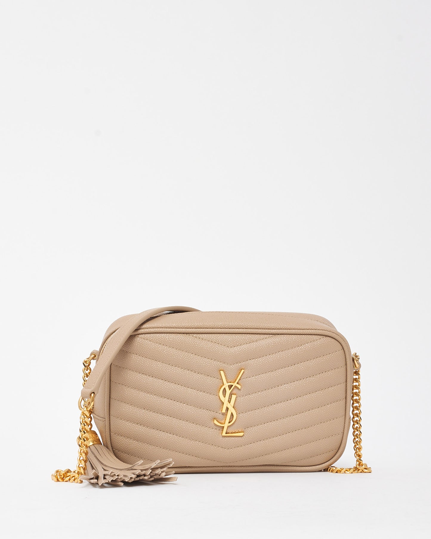 Saint Laurent Beige Chevron Grain De Poudre YSL Mini Lou Chain Crossbody Bag