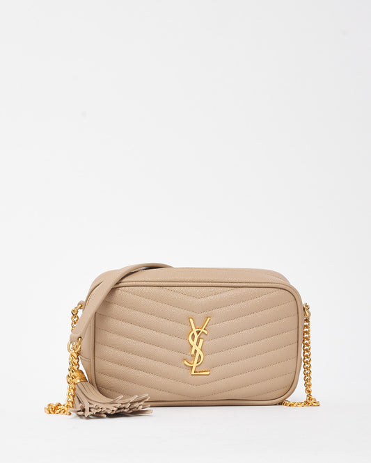 Saint Laurent Beige Chevron Grain De Poudre YSL Mini Lou Chain Crossbody Bag