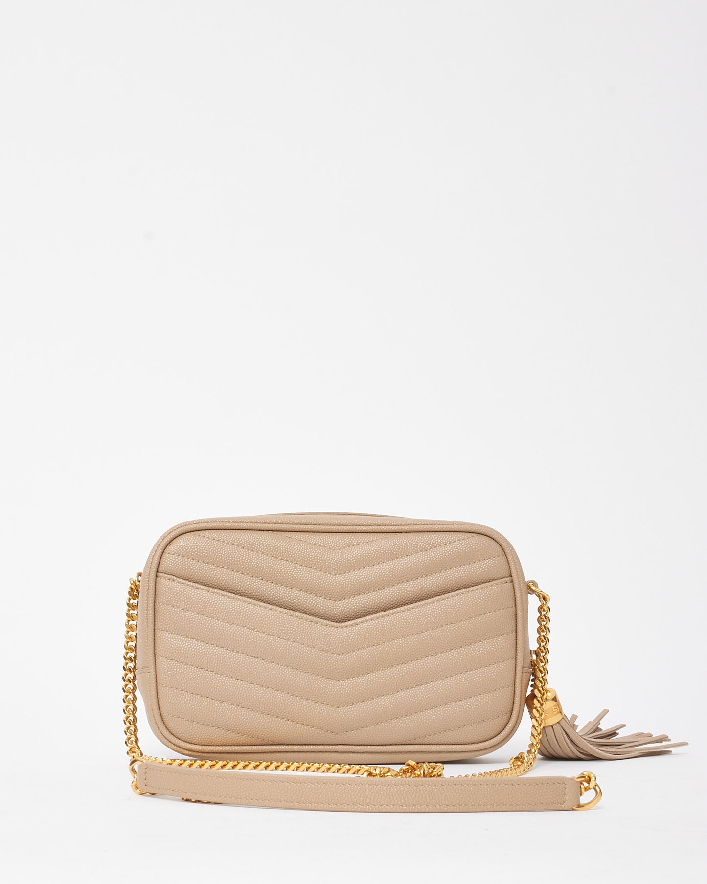 Saint Laurent Beige Chevron Grain De Poudre YSL Mini Lou Chain Crossbody Bag