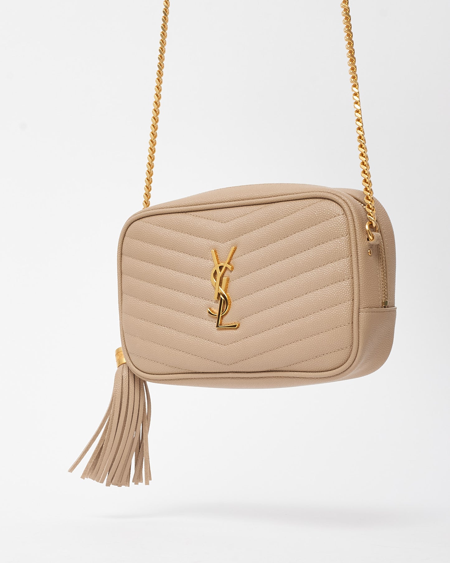 Saint Laurent Beige Chevron Grain De Poudre YSL Mini Lou Chain Crossbody Bag