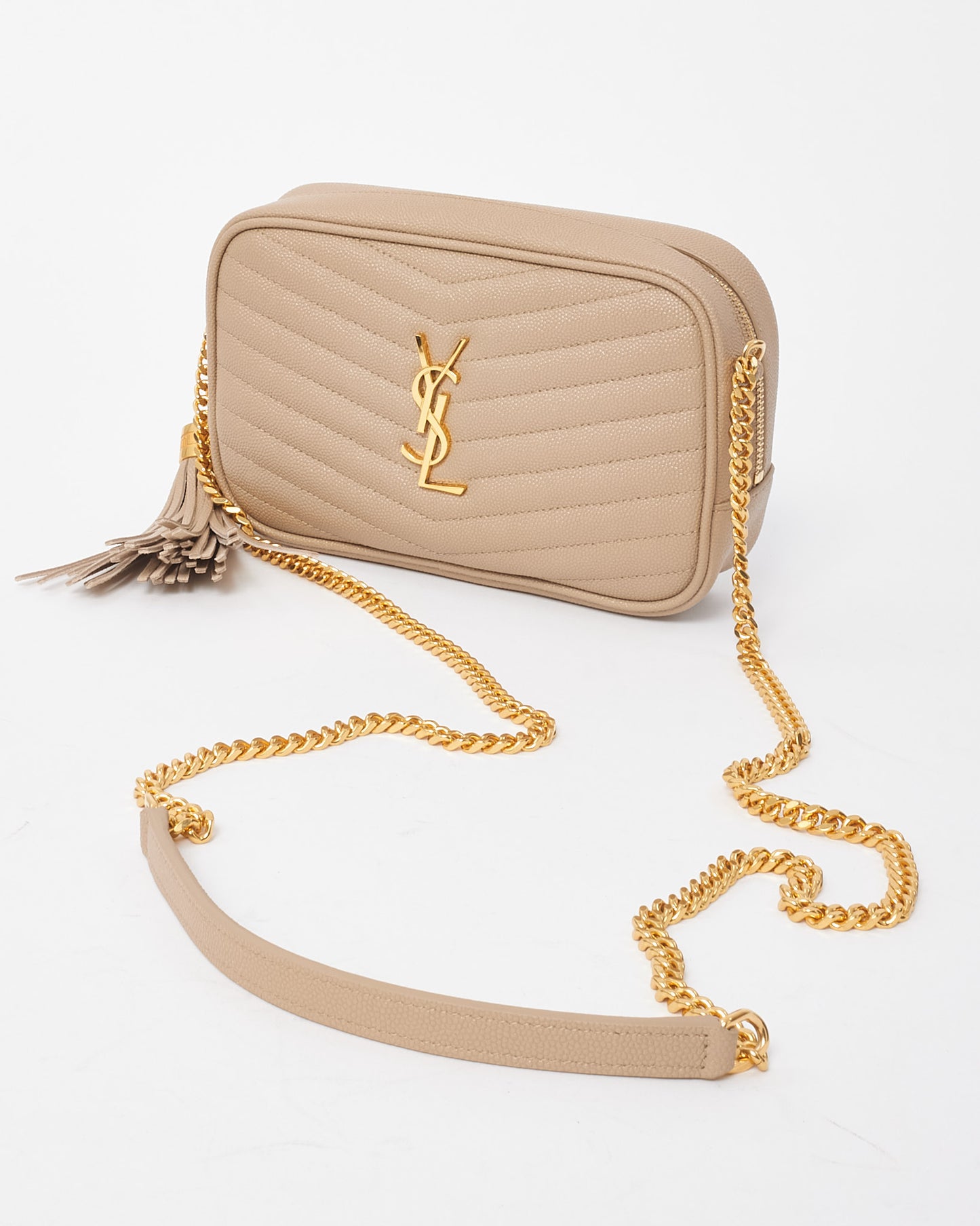 Saint Laurent Beige Chevron Grain De Poudre YSL Mini Lou Chain Crossbody Bag