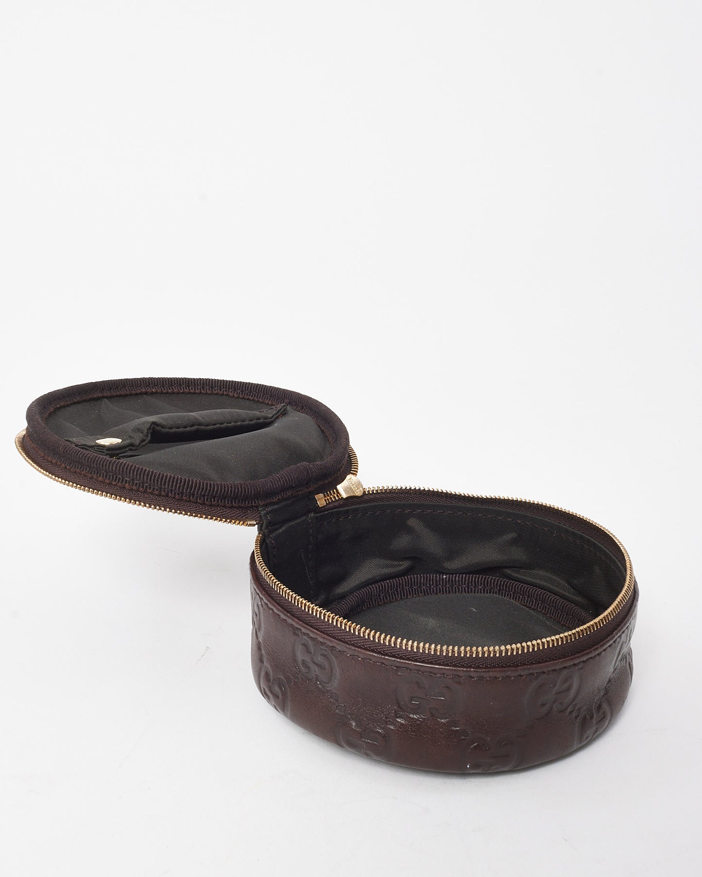 Gucci Brown Signature G Leather Interlocking G Round Zip Pouch