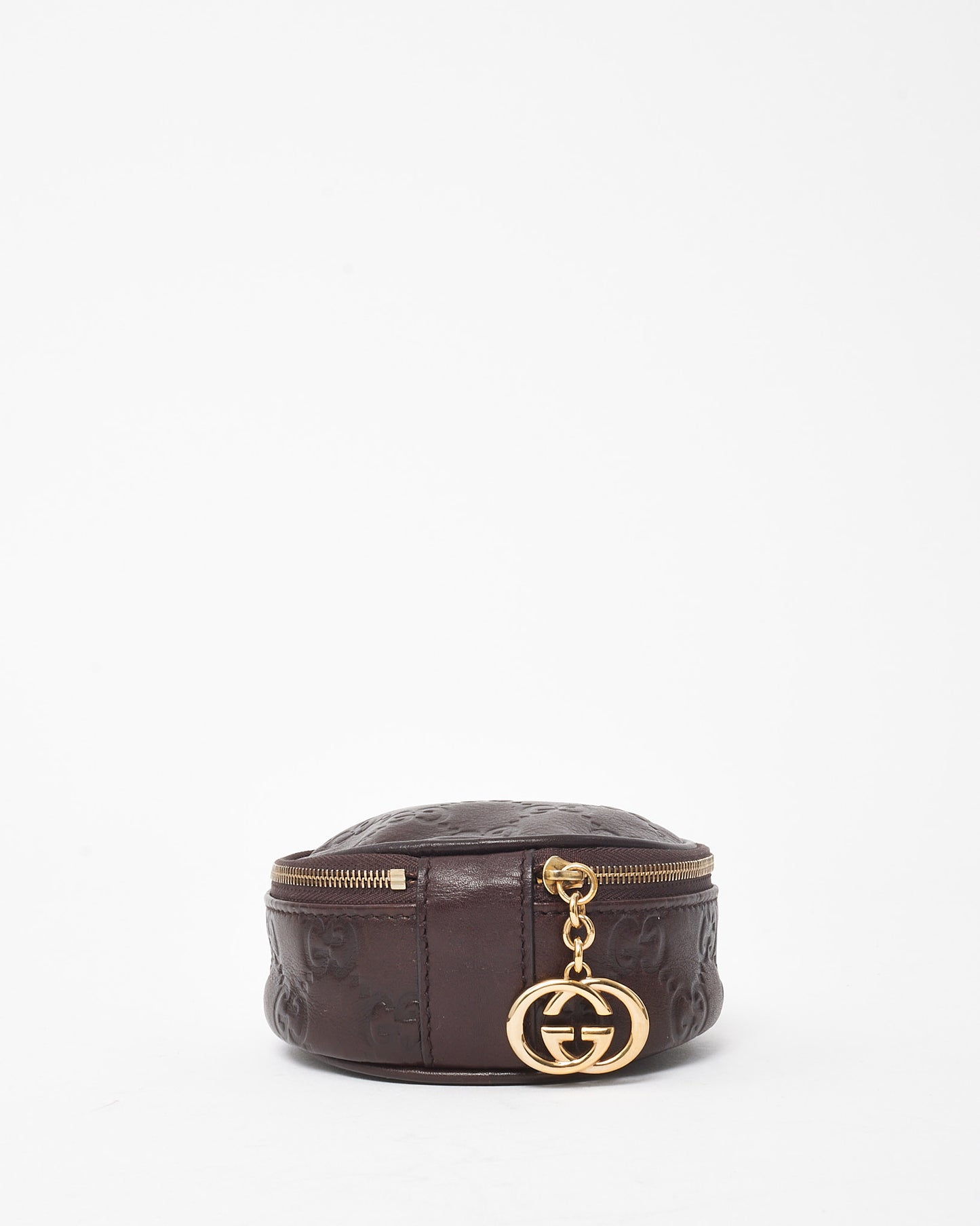 Gucci Brown Signature G Leather Interlocking G Round Zip Pouch