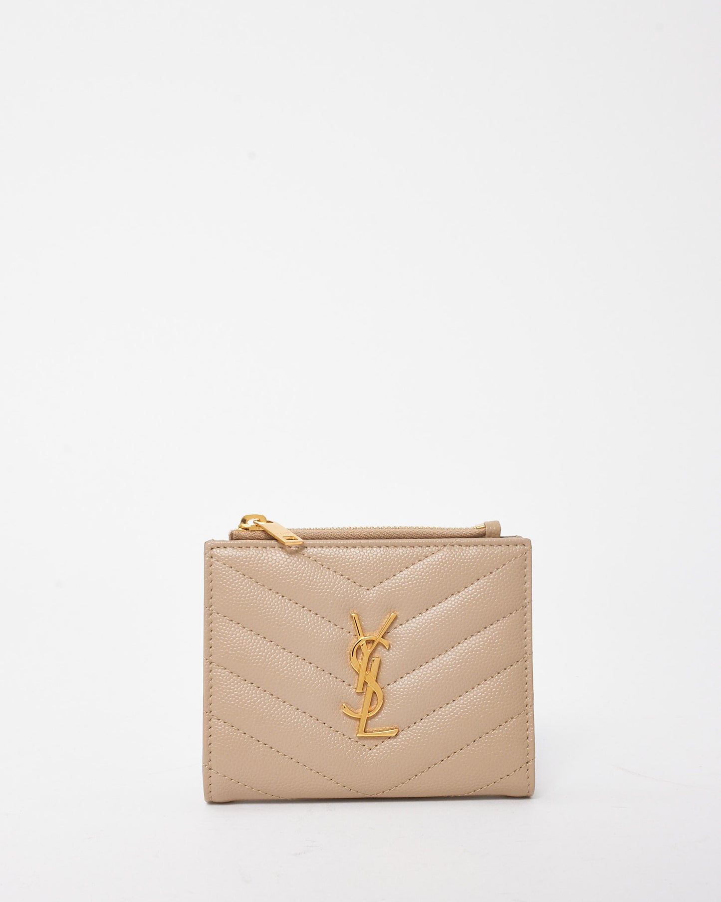 Saint Laurent Beige Chevron Matelassé Grain De Poudre Cassandre YSL Bi-Fold Wallet
