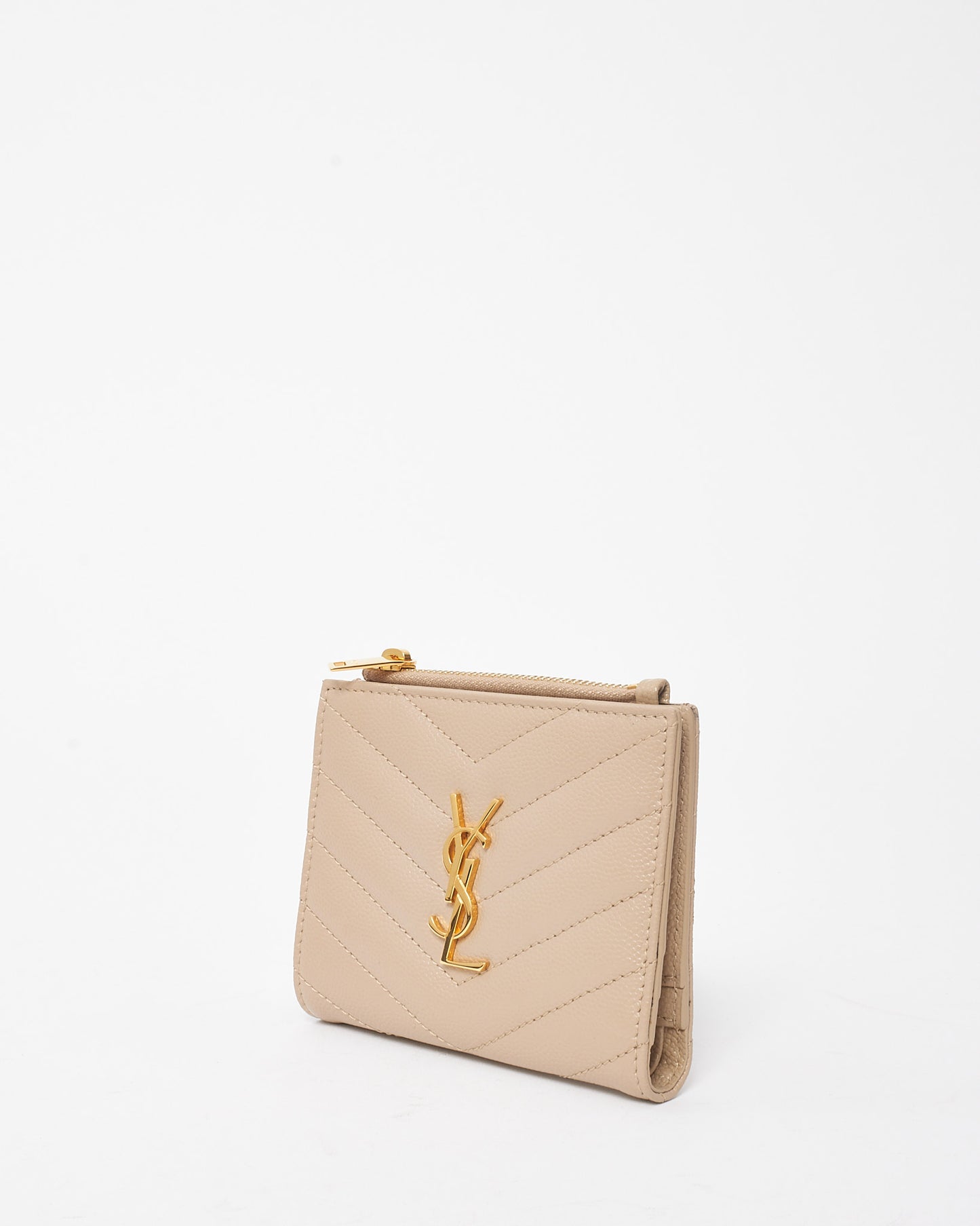 Saint Laurent Beige Chevron Matelassé Grain De Poudre Cassandre YSL Bi-Fold Wallet