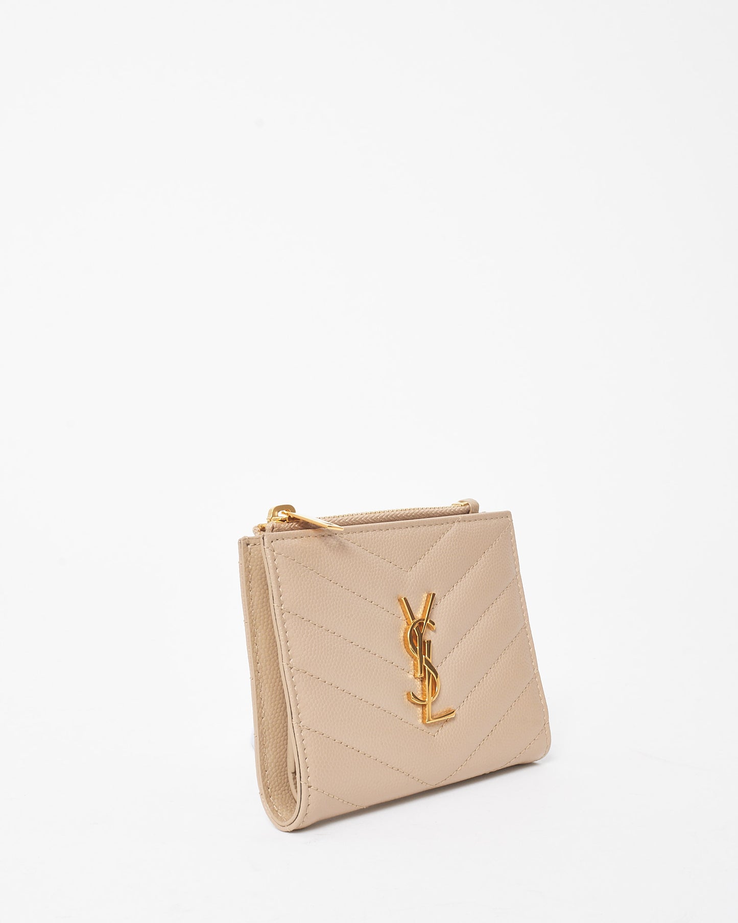 Saint Laurent Beige Chevron Matelassé Grain De Poudre Cassandre YSL Bi-Fold Wallet