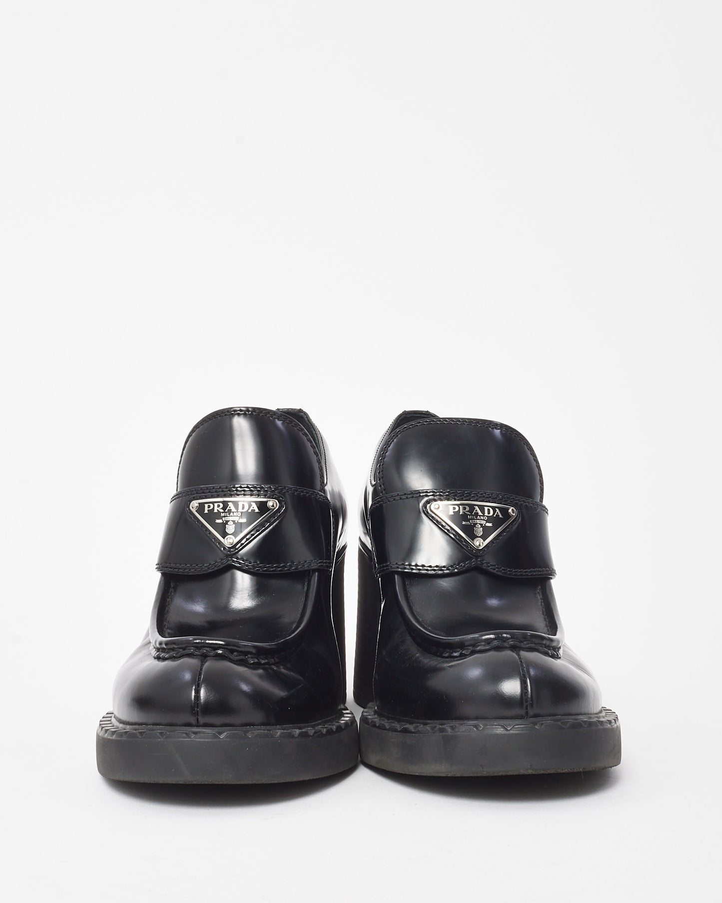 Prada Black Spazzolato Leather Metal Triangle Logo 85mm Heeled Loafers - 41
