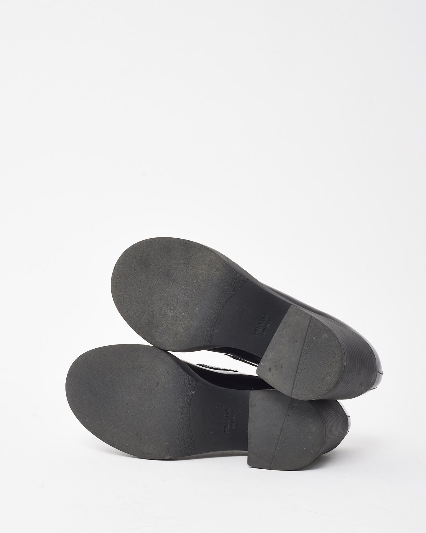 Prada Black Spazzolato Leather Metal Triangle Logo 85mm Heeled Loafers - 41