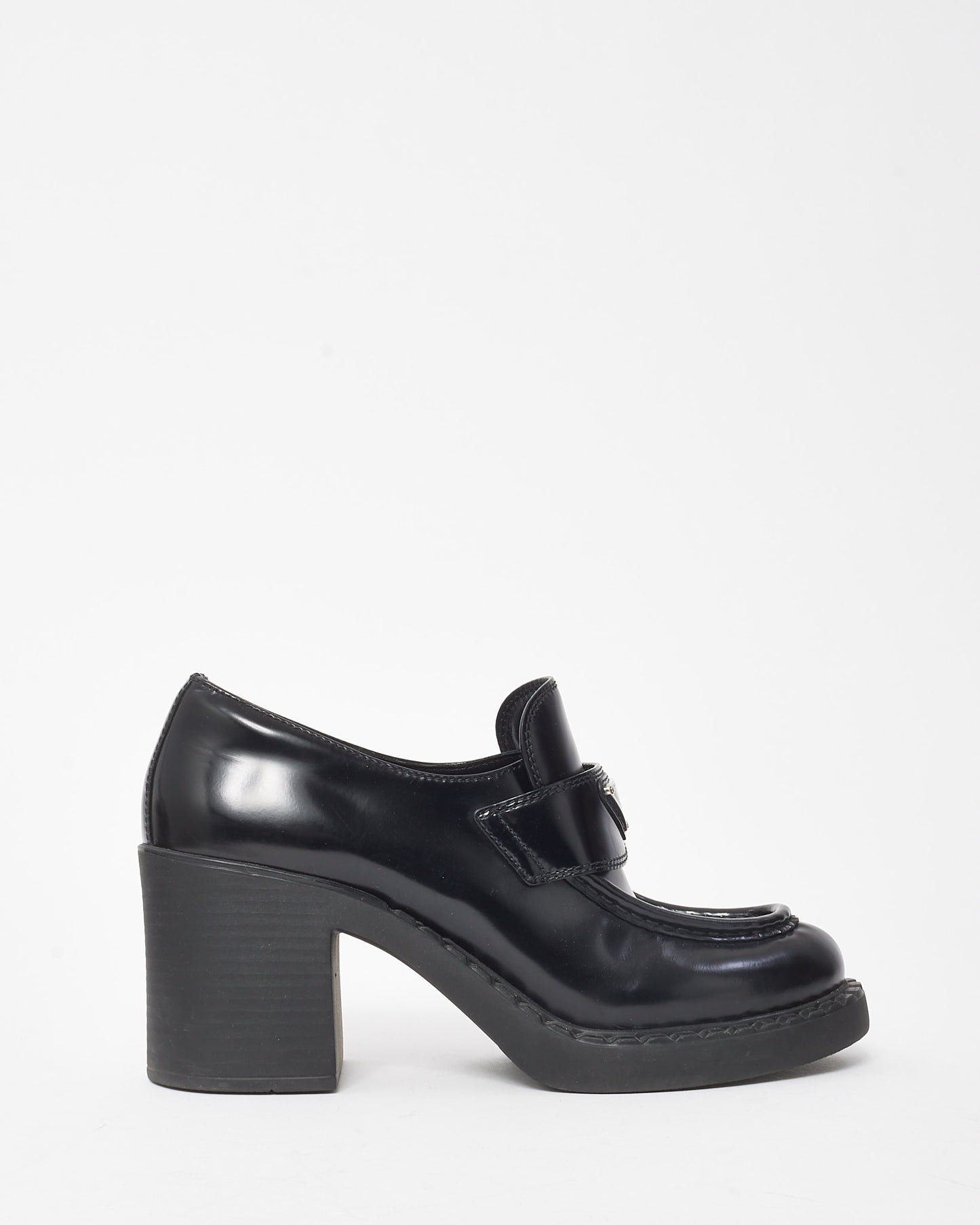 Prada Black Spazzolato Leather Metal Triangle Logo 85mm Heeled Loafers - 41