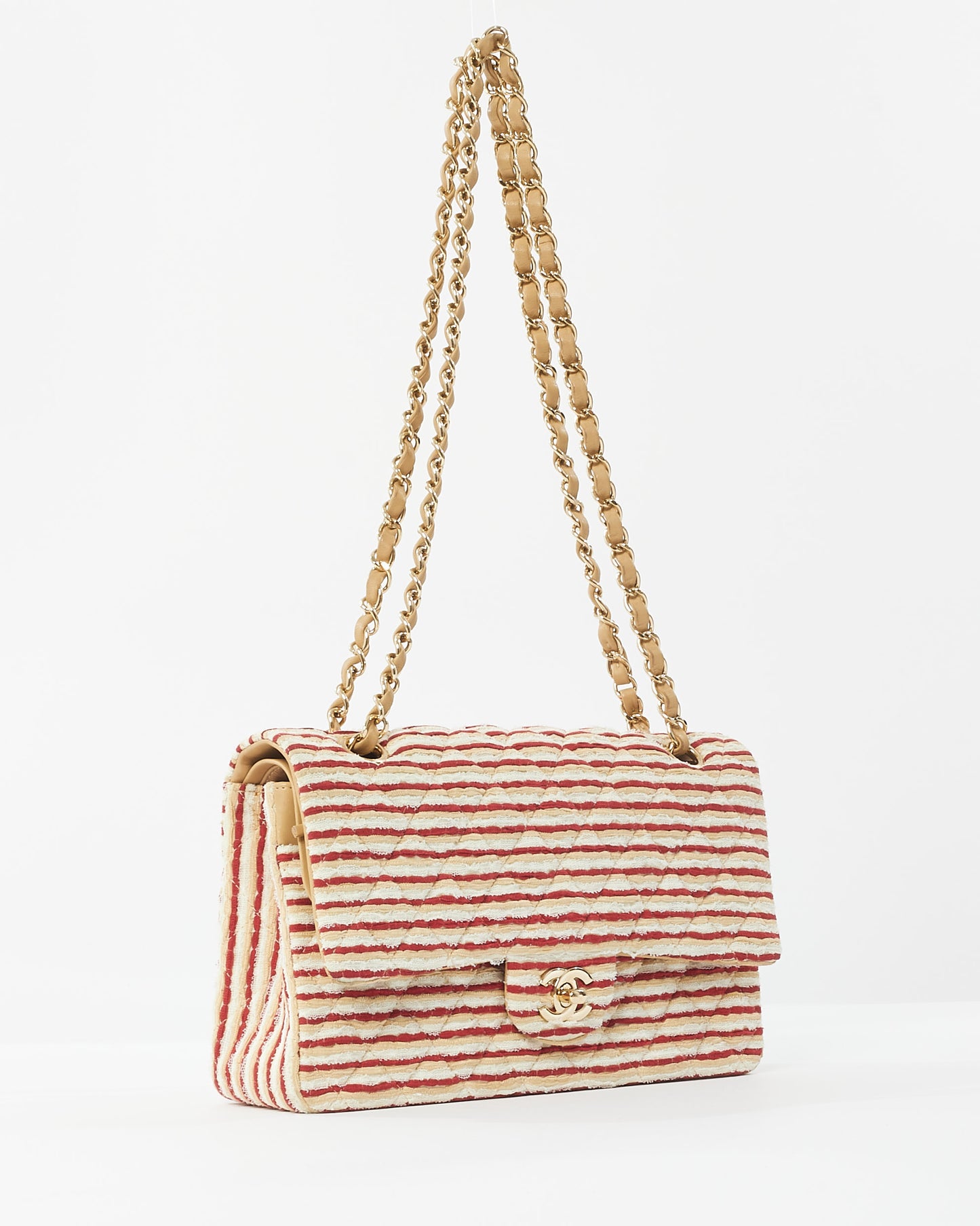 Chanel Red Beige & White Jersey Quilted Medium Coco Sailor Flap Bag