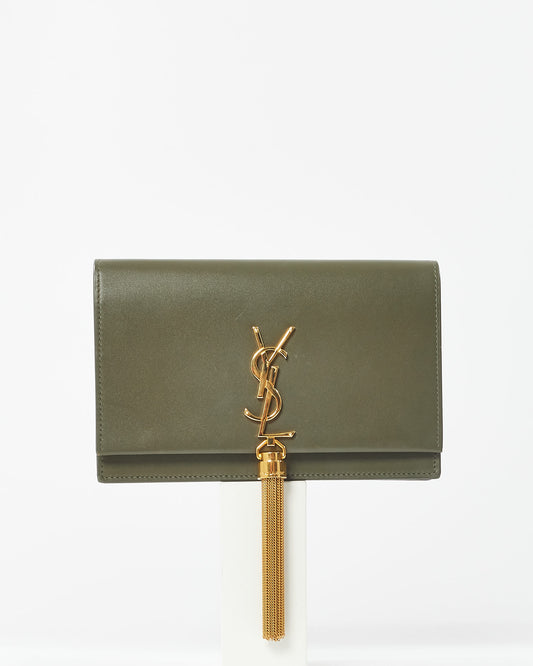 Saint Laurent Army Green Leather Kate Chain Tassel Wallet On Chain