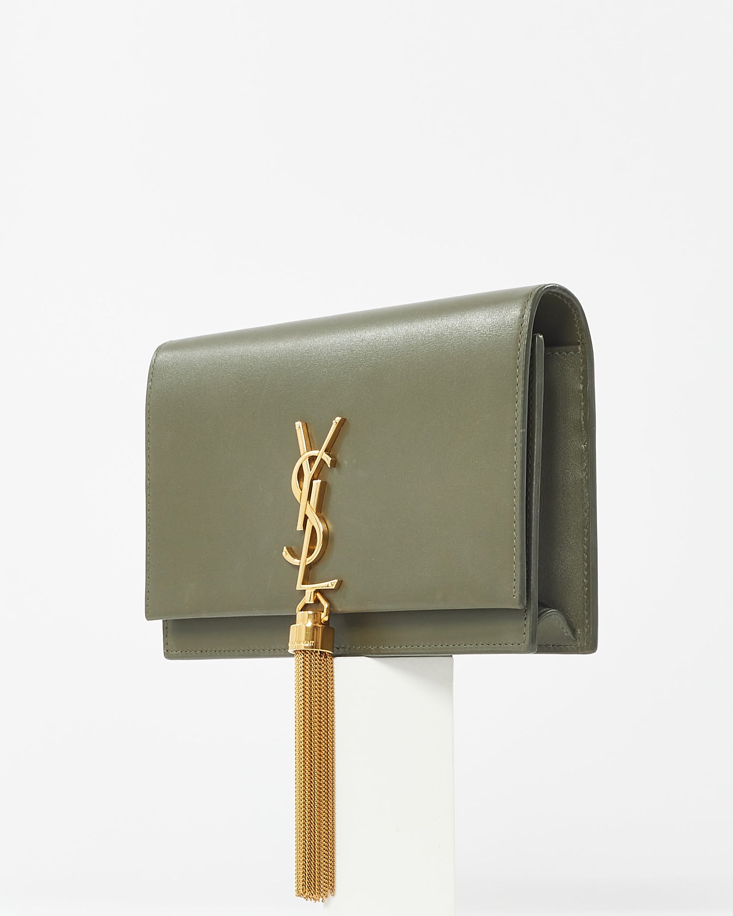 Saint Laurent Army Green Leather Kate Chain Tassel Wallet On Chain