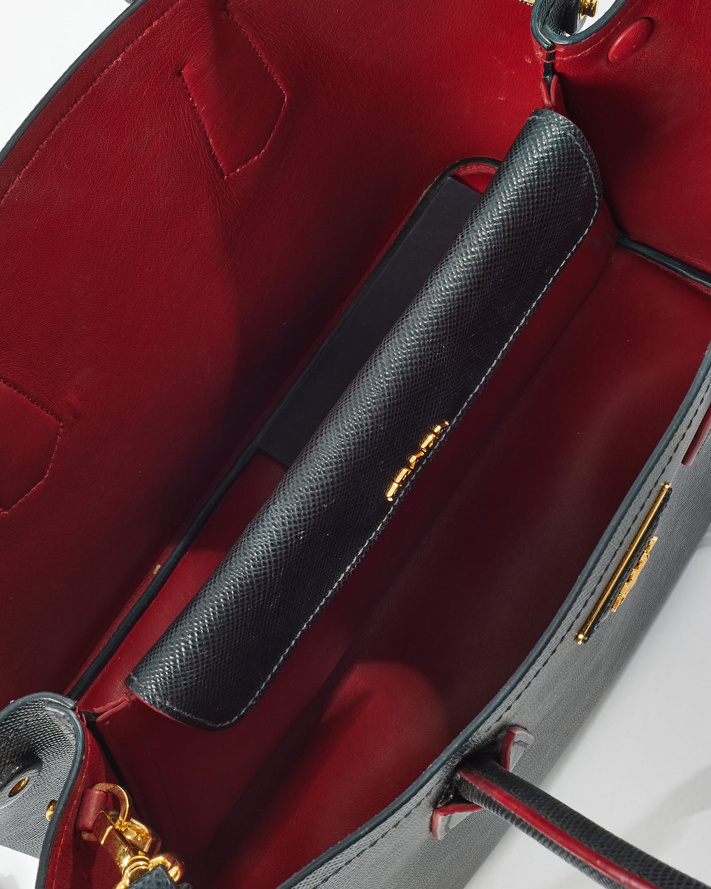 Prada Black Saffiano Leather With Red Interior Medium Double Tote