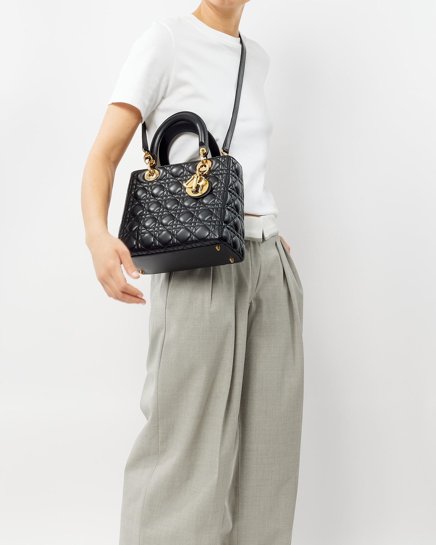 Dior Black Lambskin Leather GHW Medium Lady Dior Bag