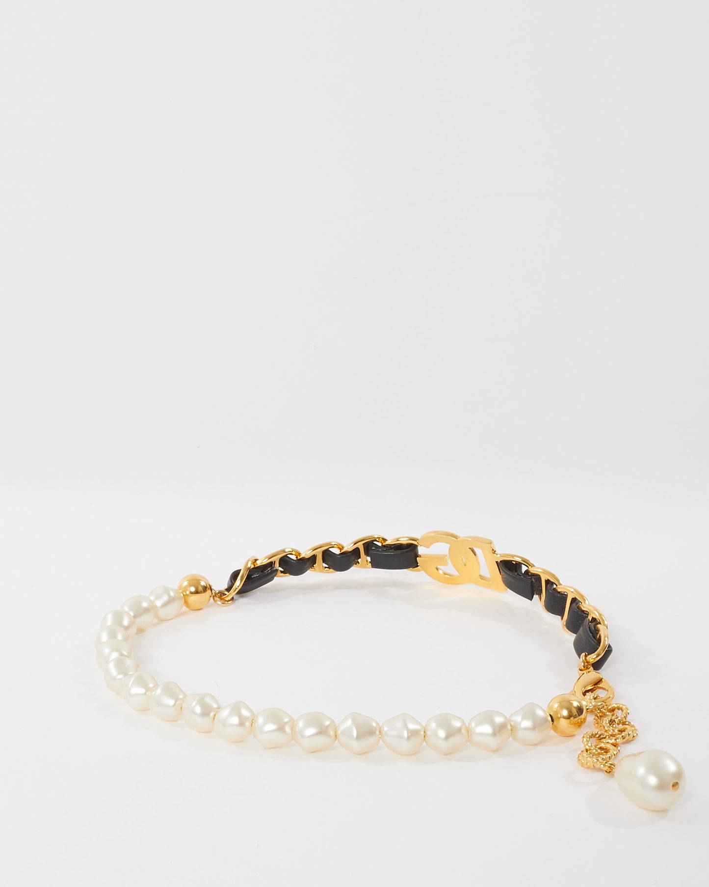 Dolce & Gabbana Gold Leather & Pearl Logo Choker Necklace