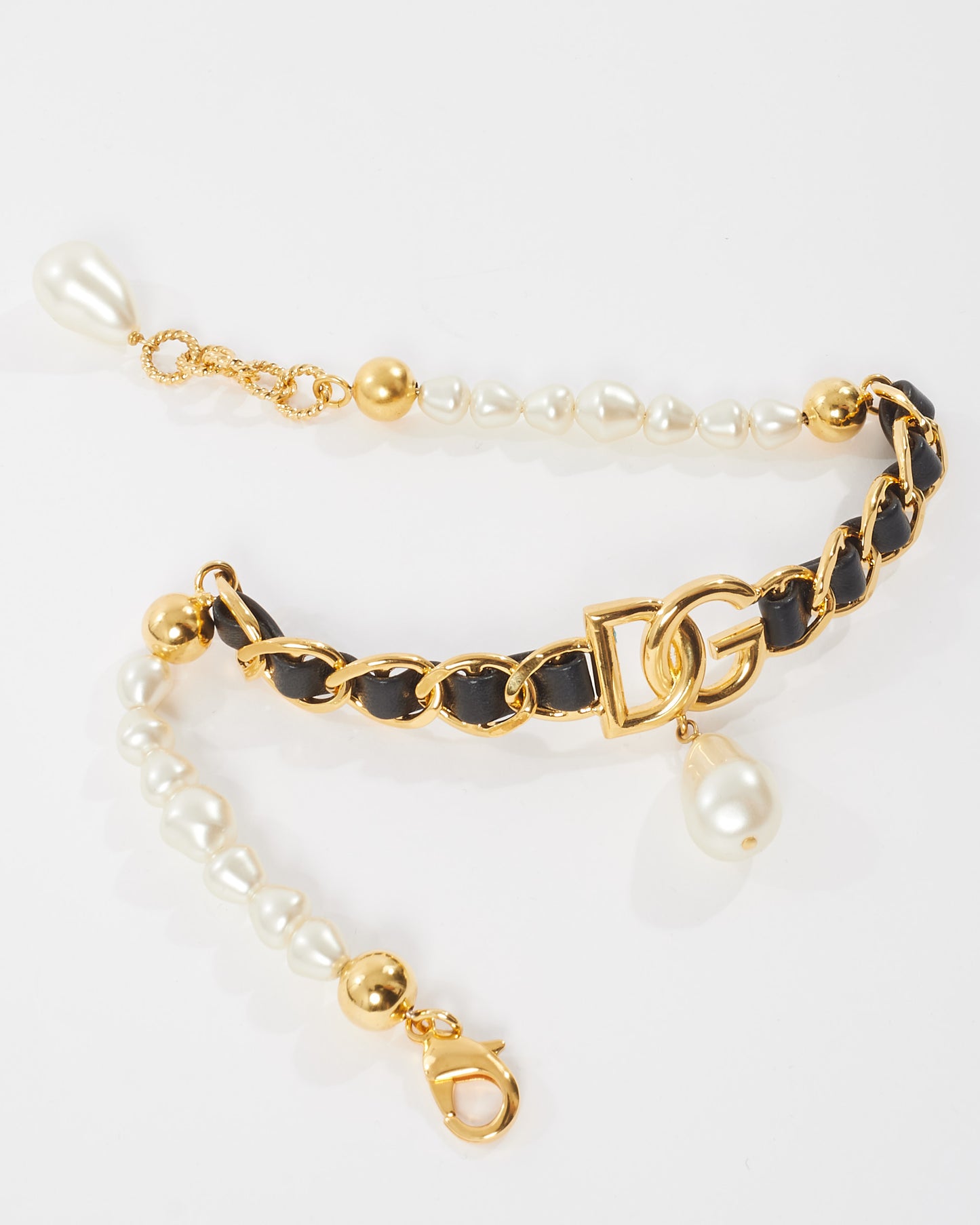 Dolce & Gabbana Gold Leather and Pearl Logo Pearl Dangle Choker Necklace