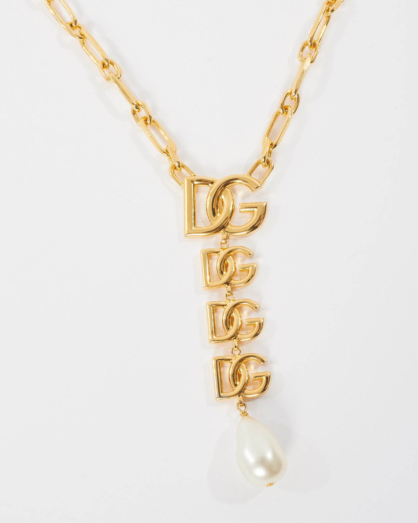 Dolce & Gabbana Gold Logo Pearl Dandle Long Necklace