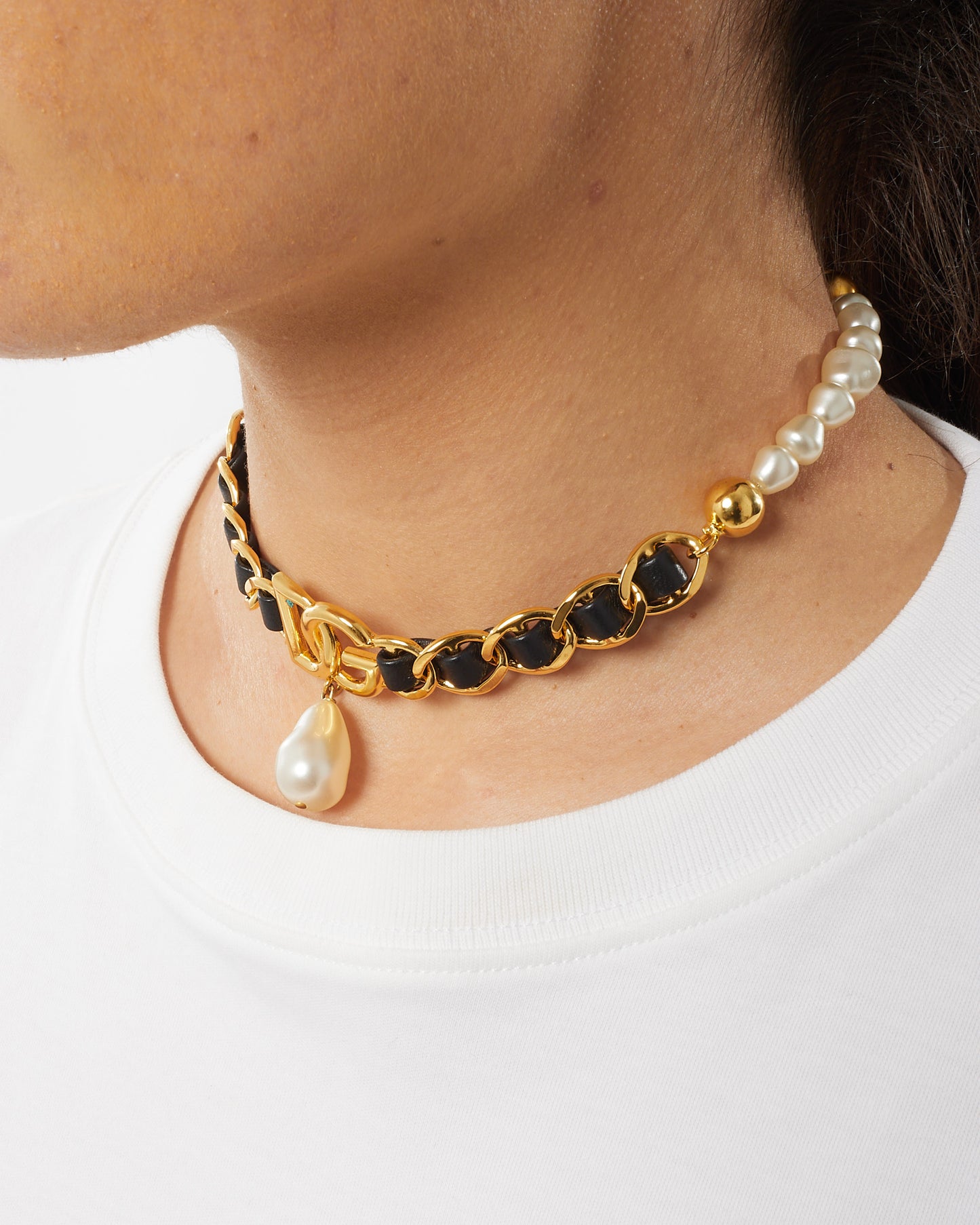 Dolce & Gabbana Gold Leather and Pearl Logo Pearl Dangle Choker Necklace