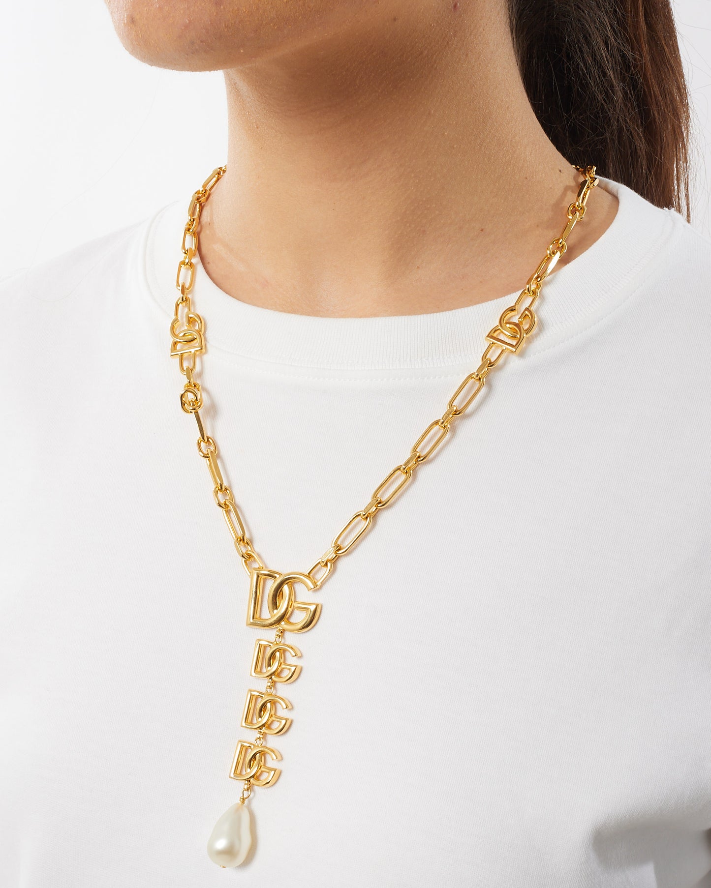 Dolce & Gabbana Gold Logo Pearl Dandle Long Necklace