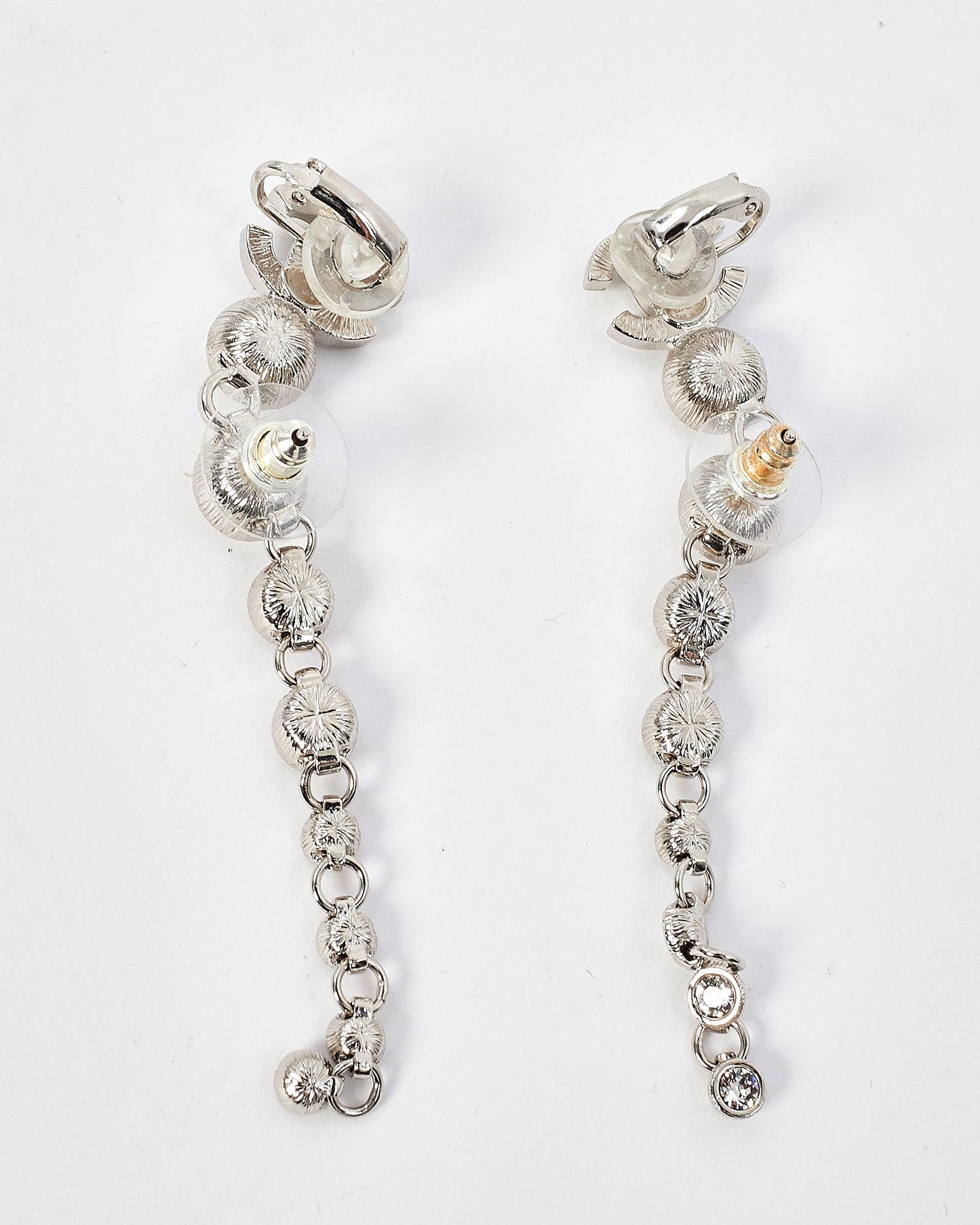 Chanel Silver Crystal CC Drop Crawler Earrings