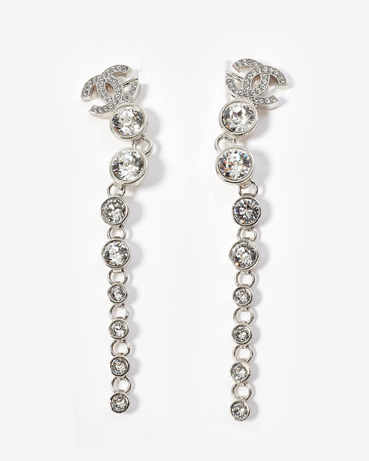 Chanel Silver Crystal CC Drop Crawler Earrings