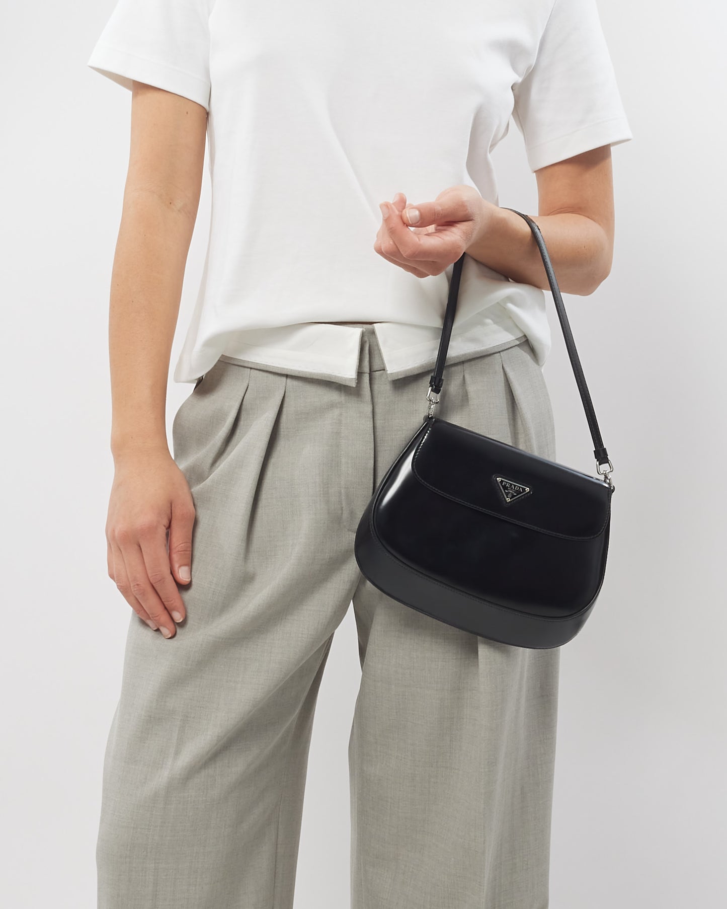 Prada Black Brushed Leather Small Flap Cleo Shoulder Bag