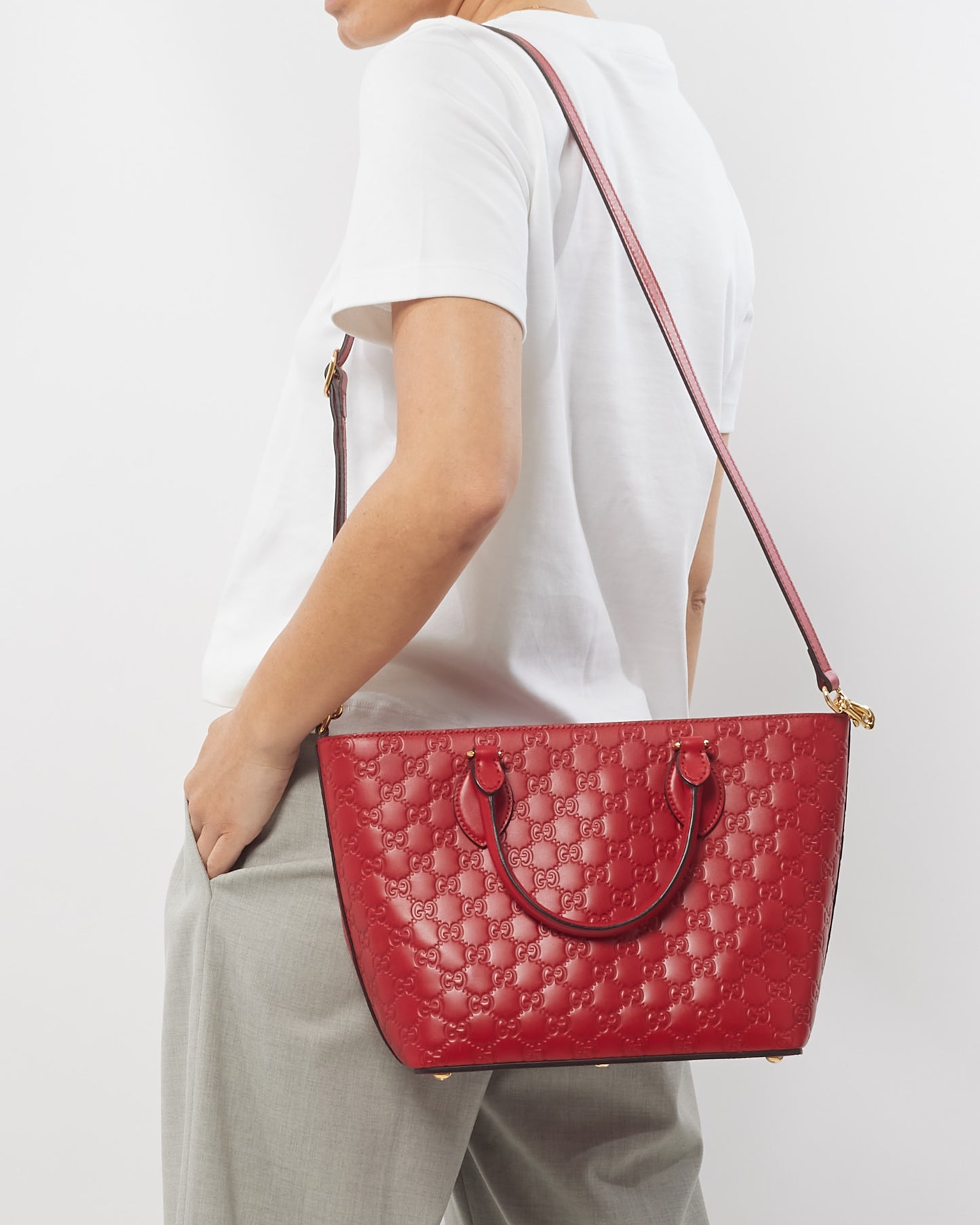 Gucci Red GG Signature G Monogram Leather Top Handle Bag